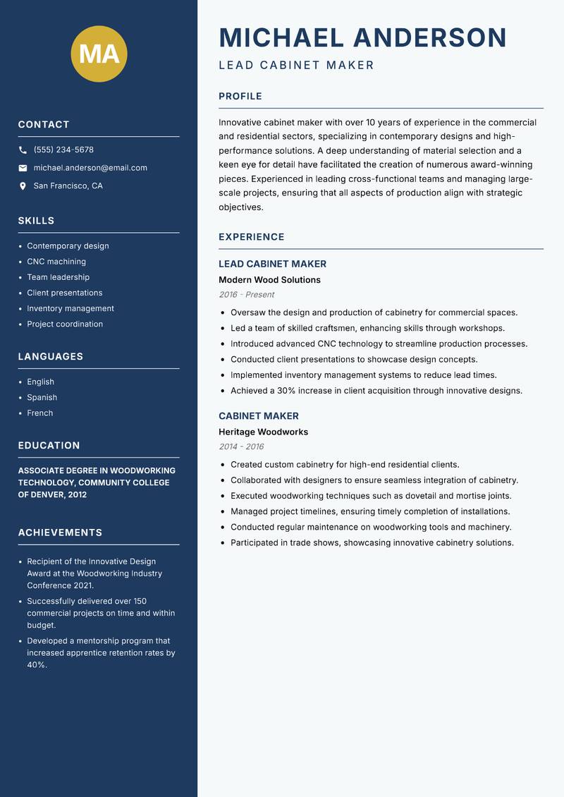 Cabinet Maker Resume Preview Example