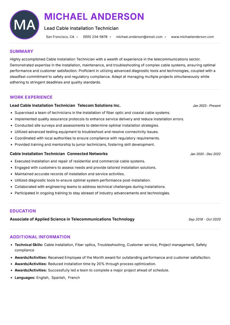 Cable Installation Technician Resume Preview Example
