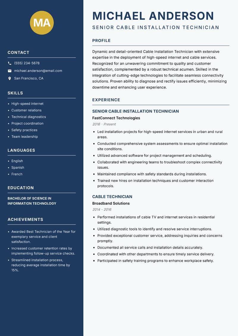 Cable Installation Technician Resume Preview Example