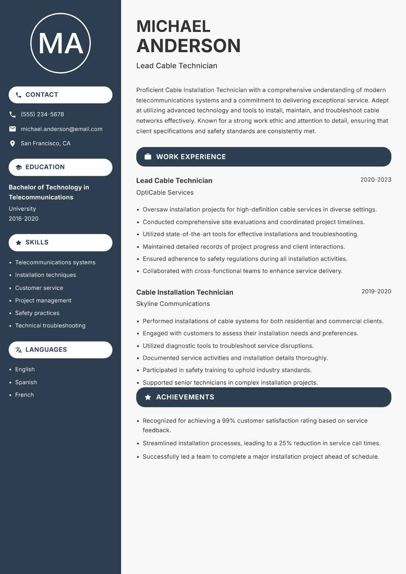Cable Installation Technician Resume Preview Example