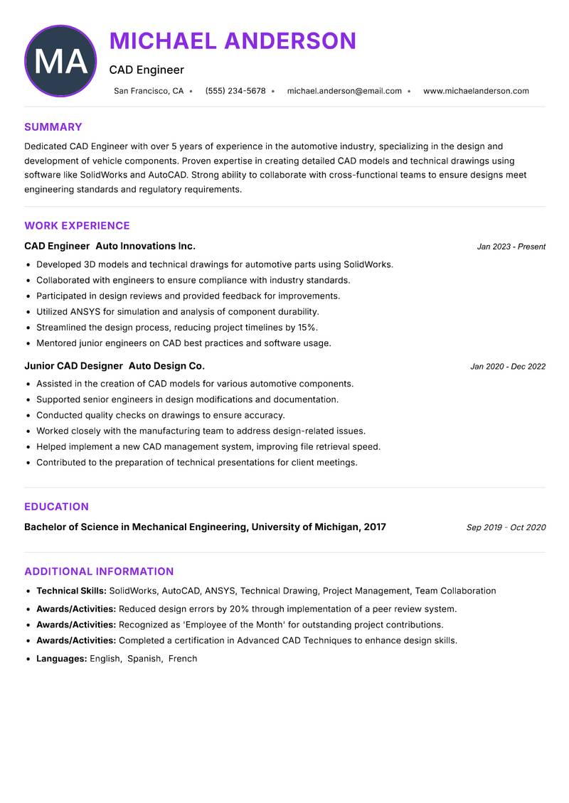 CAD Engineer Resume Preview Example