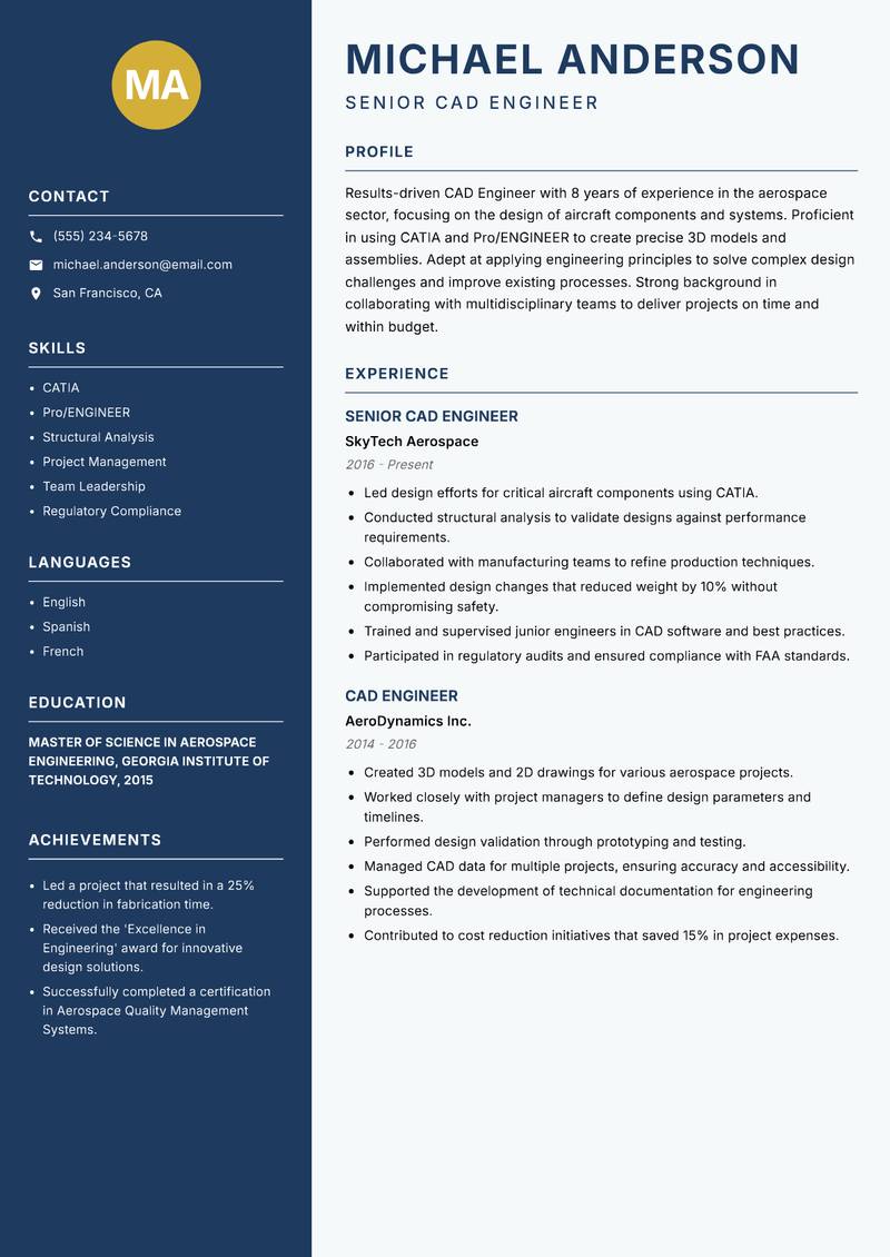 CAD Engineer Resume Preview Example