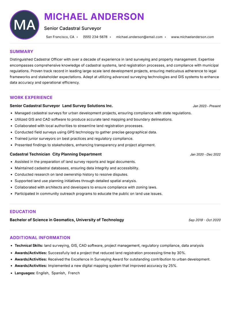 Cadastral Officer Resume Preview Example