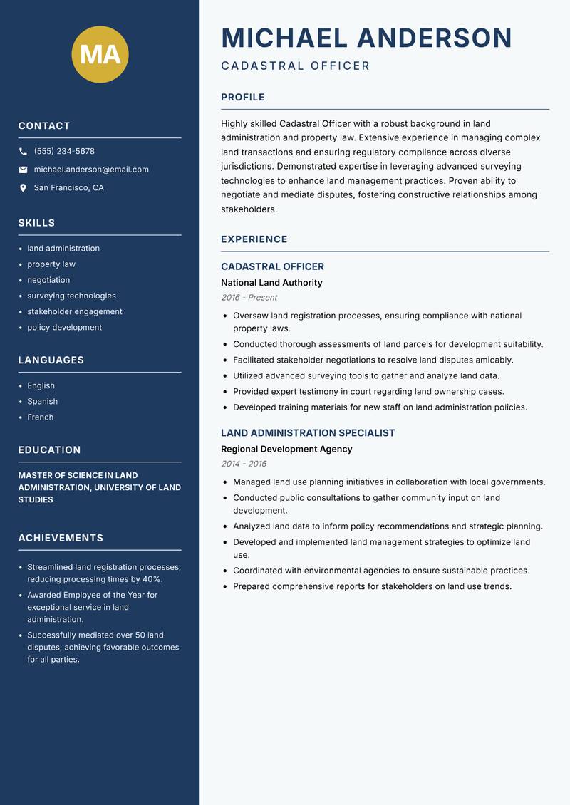 Cadastral Officer Resume Preview Example