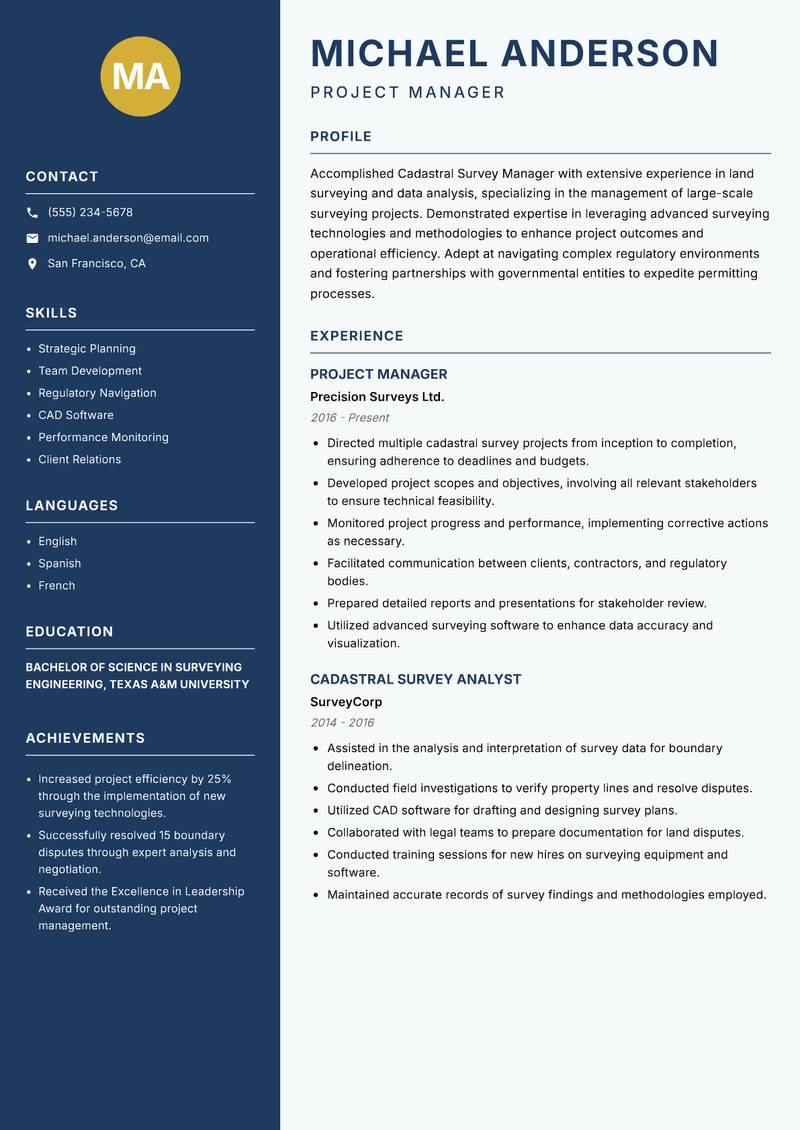 Cadastral Survey Manager Resume Preview Example
