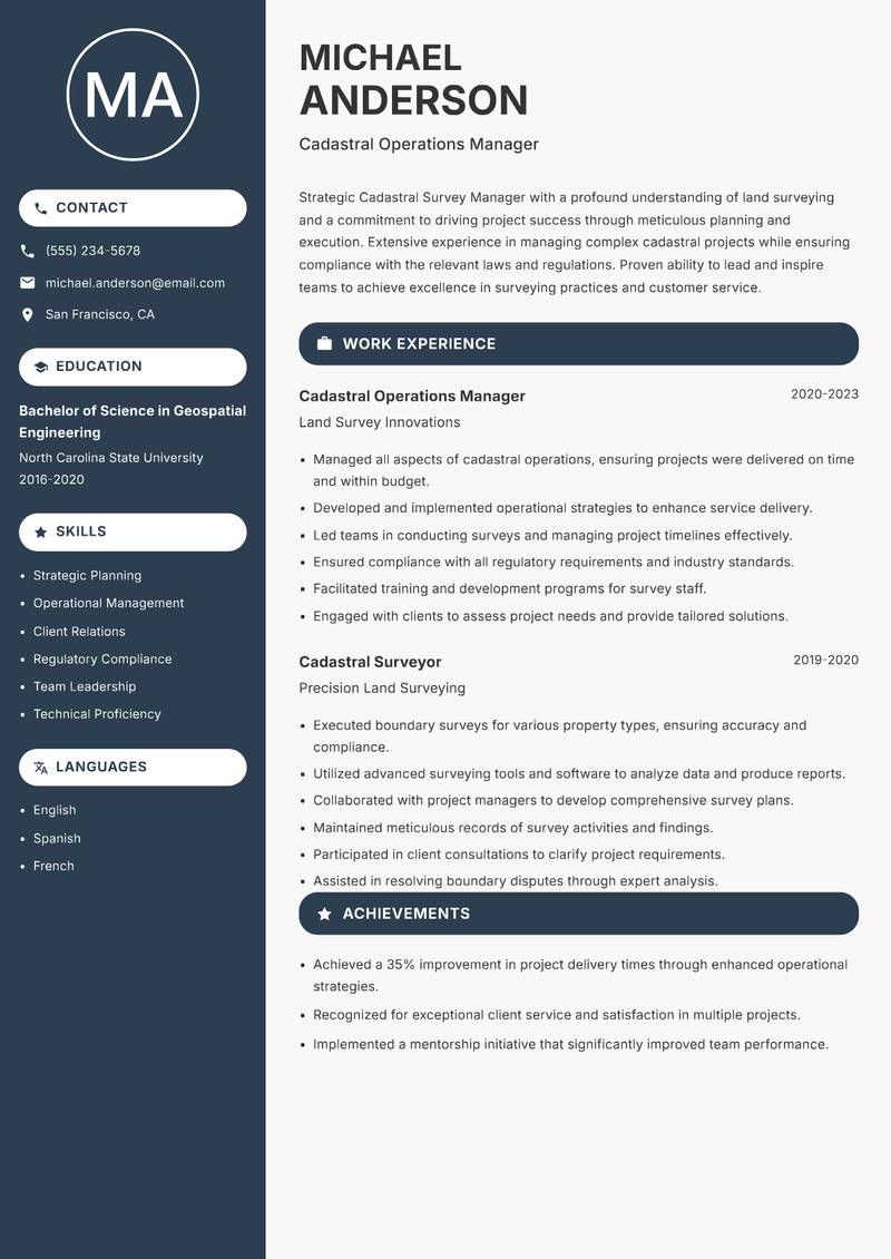 Cadastral Survey Manager Resume Preview Example
