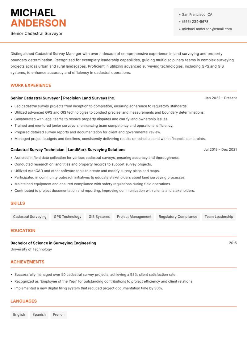 Cadastral Survey Manager Resume Template