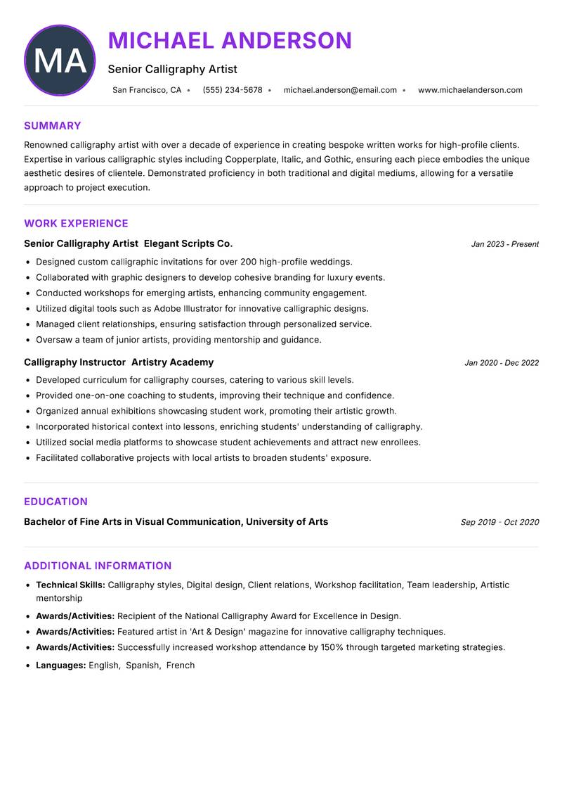 Calligraphy Artist Resume Preview Example