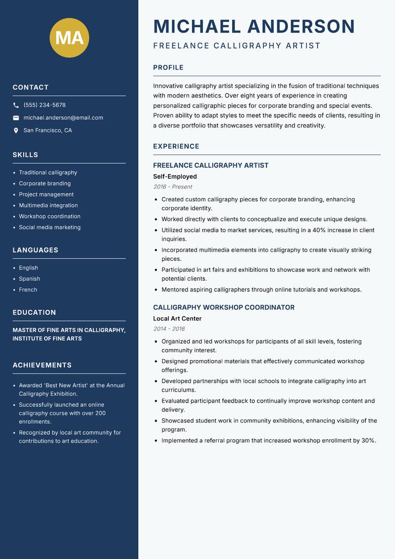 Calligraphy Artist Resume Preview Example