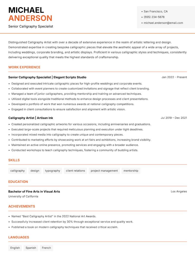 Calligraphy Artist Resume Template