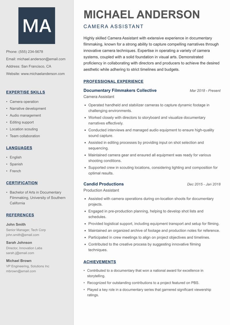 Camera Assistant Resume Preview Example