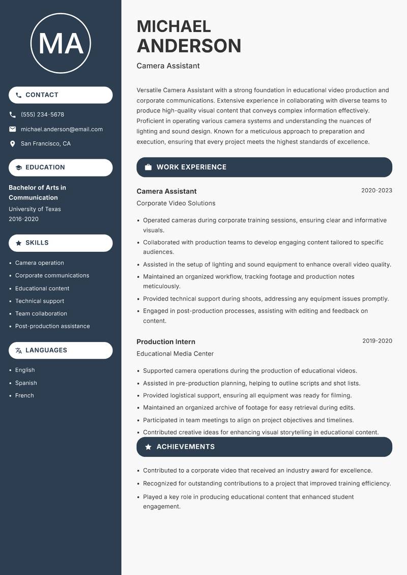 Camera Assistant Resume Preview Example