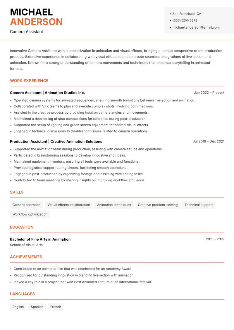 Camera Assistant Resume Template