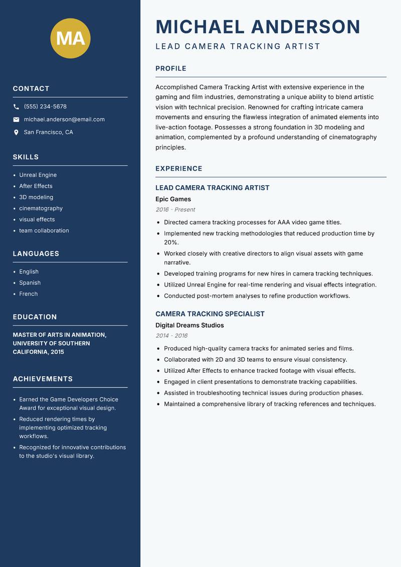 Camera Tracking Artist Resume Preview Example