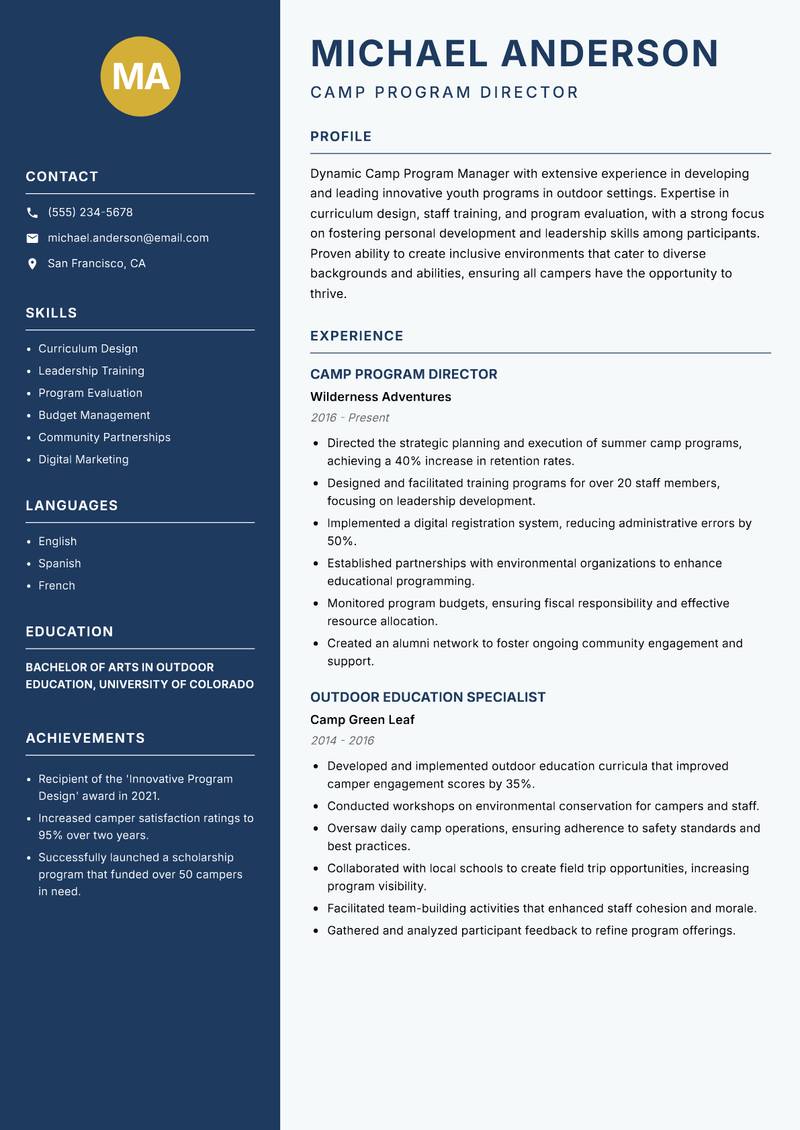 Camp Program Manager Resume Preview Example