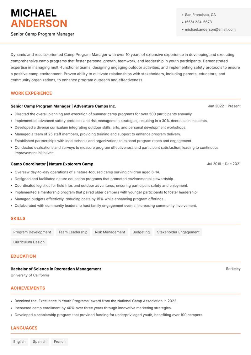 Camp Program Manager Resume Template