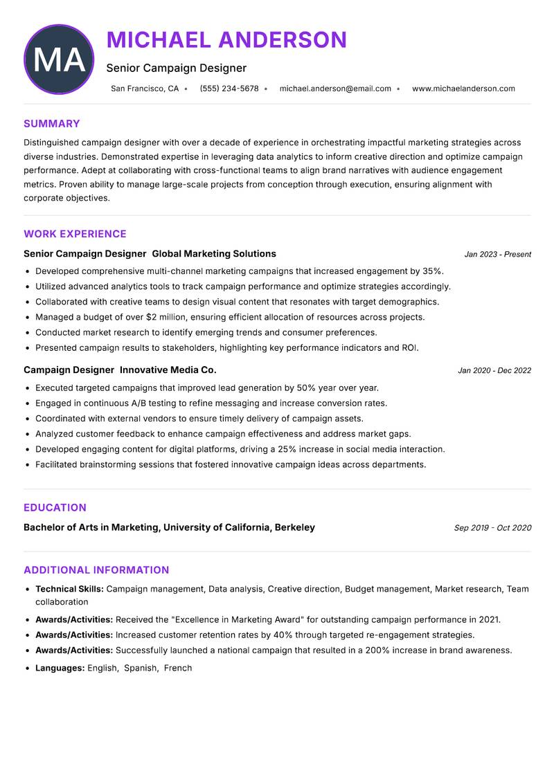 Campaign Designer Resume Preview Example