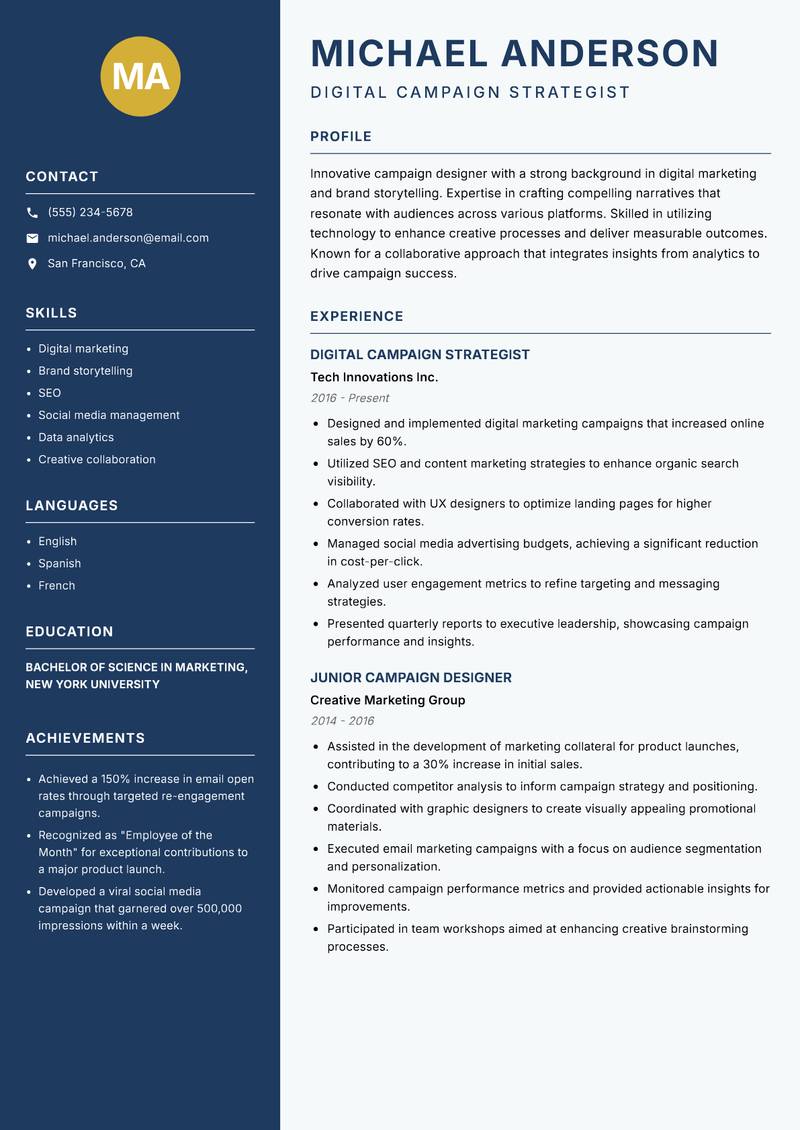 Campaign Designer Resume Preview Example