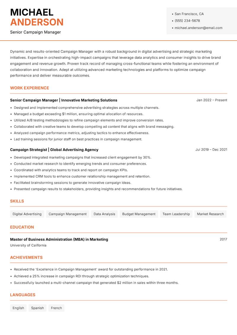 Campaign Manager Advertising Resume Template