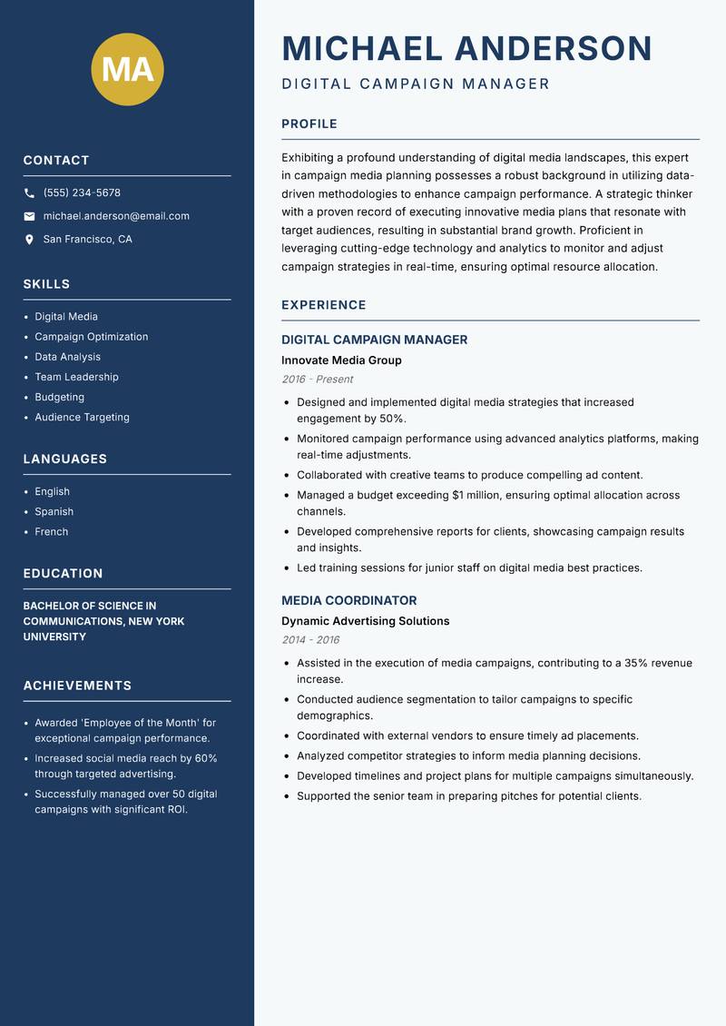 Campaign Media Planner Resume Preview Example