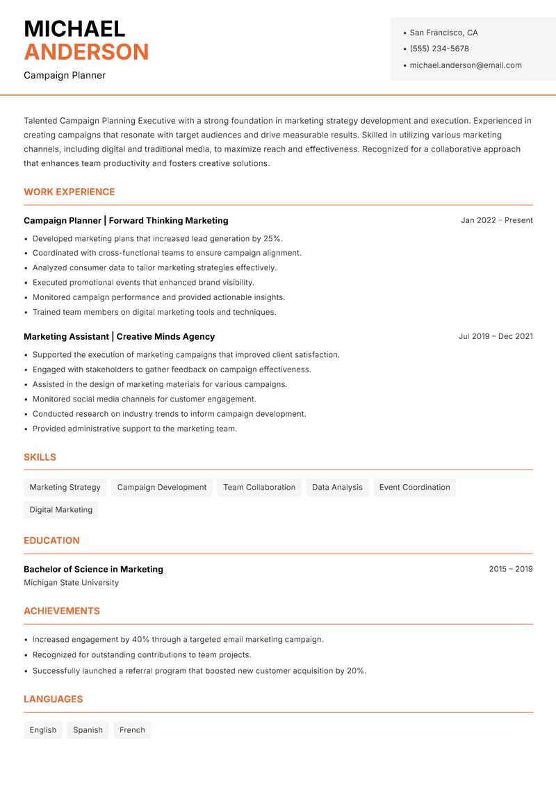 Campaign Planning Executive Resume Template