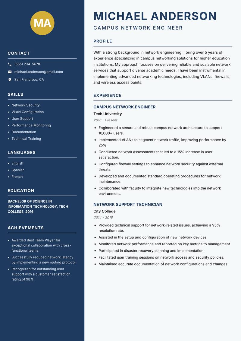 Campus Network Engineer Resume Preview Example