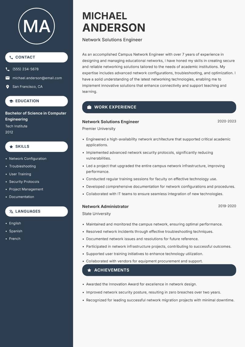 Campus Network Engineer Resume Preview Example