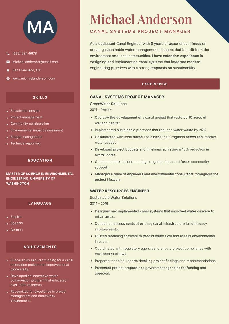 Canal Engineer Resume Preview Example