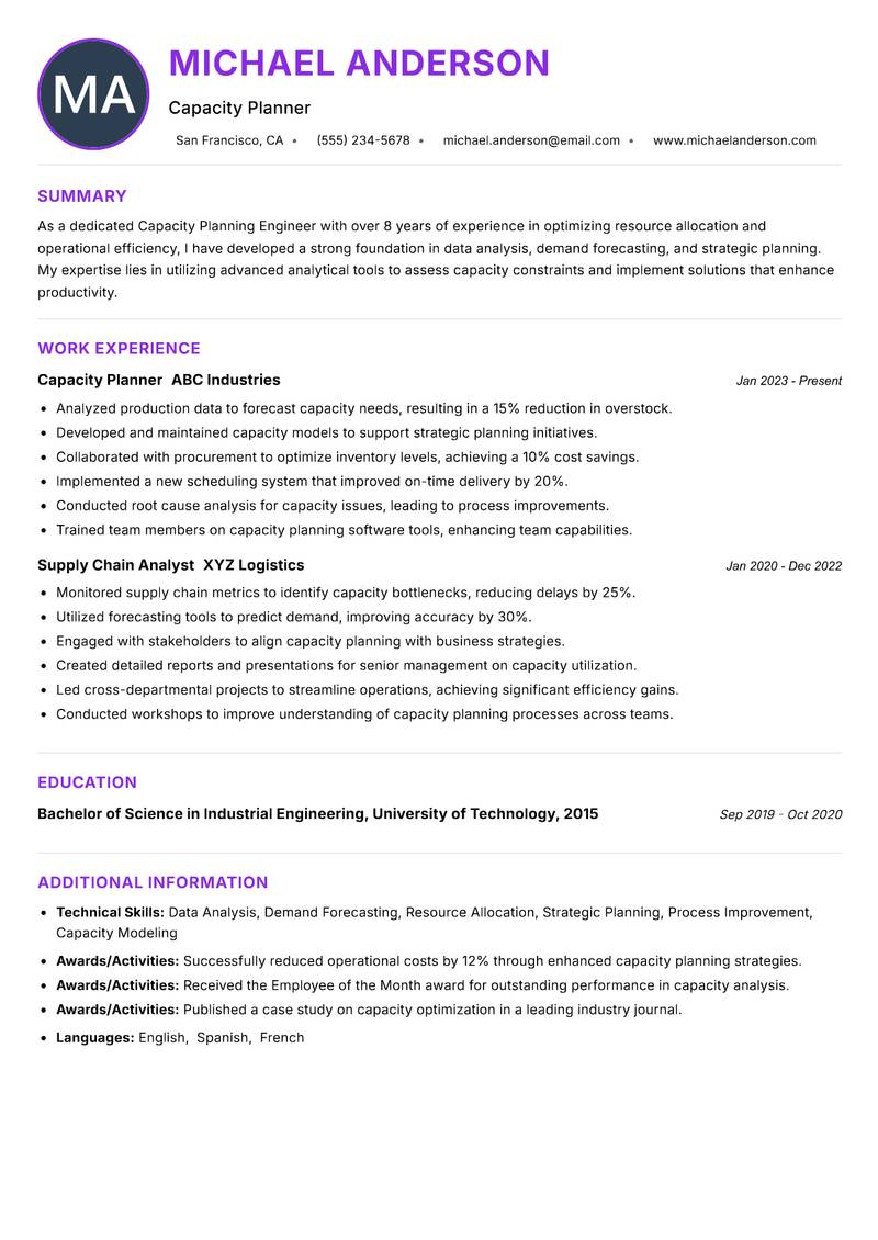 Capacity Planning Engineer Resume Preview Example