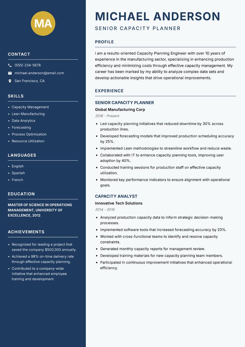 Capacity Planning Engineer Resume Preview Example