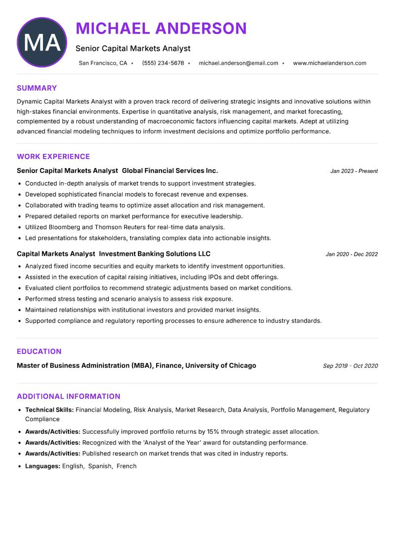 Capital Markets Analyst Resume Preview Example