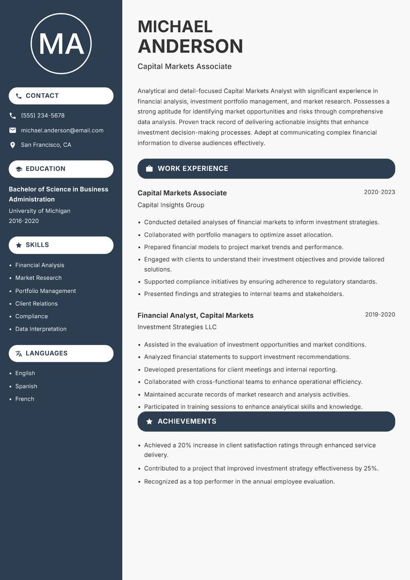 Capital Markets Analyst Resume Preview Example