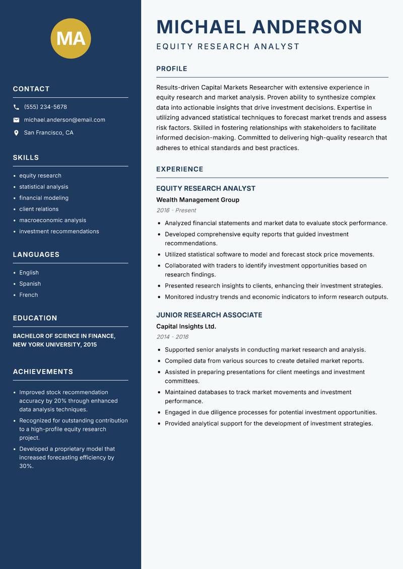 Capital Markets Researcher Resume Preview Example