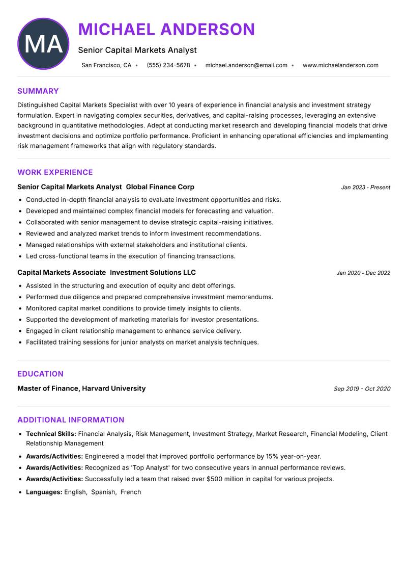 Capital Markets Specialist Resume Preview Example