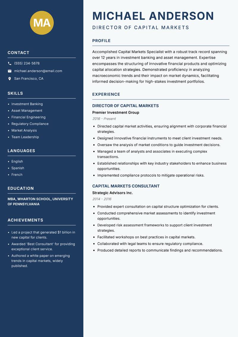 Capital Markets Specialist Resume Preview Example