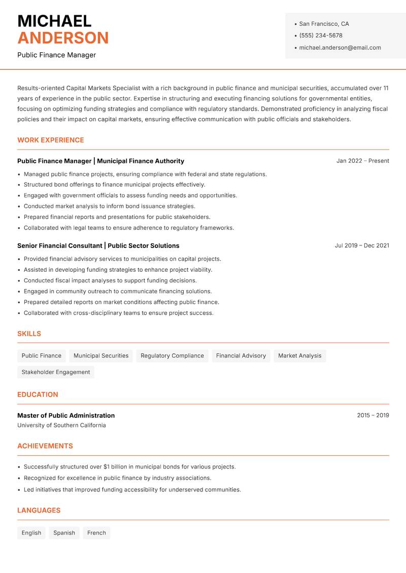 Capital Markets Specialist Resume Template