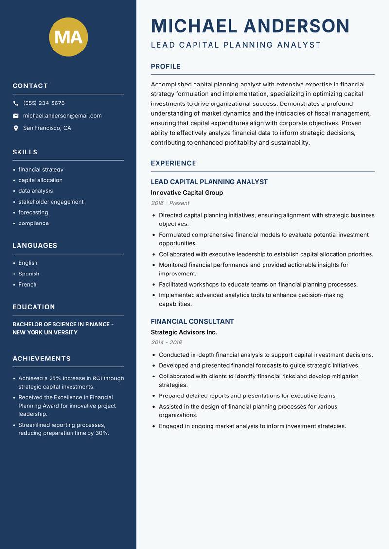 Capital Planning Analyst Resume Preview Example