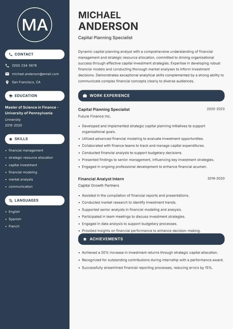 Capital Planning Analyst Resume Preview Example