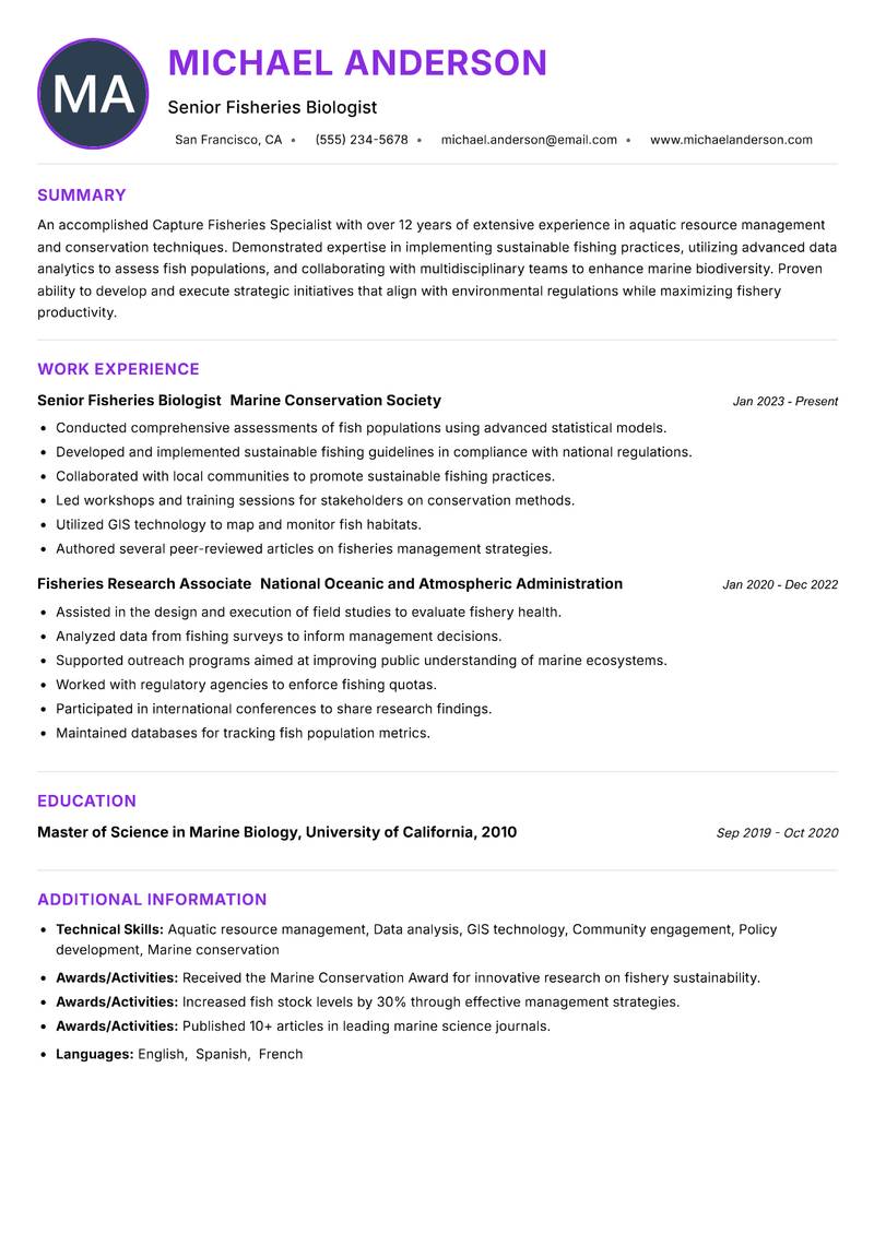 Capture Fisheries Specialist Resume Preview Example