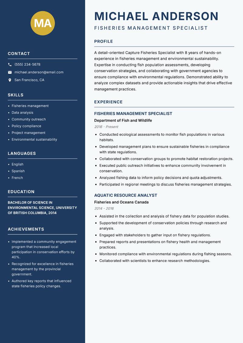 Capture Fisheries Specialist Resume Preview Example