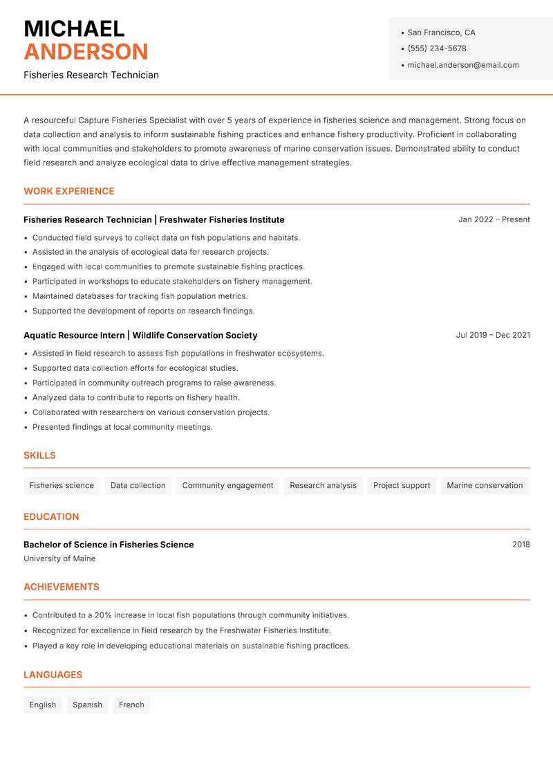 Capture Fisheries Specialist Resume Template