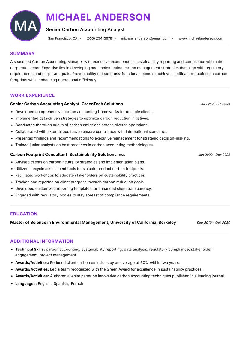 Carbon Accounting Manager Resume Preview Example