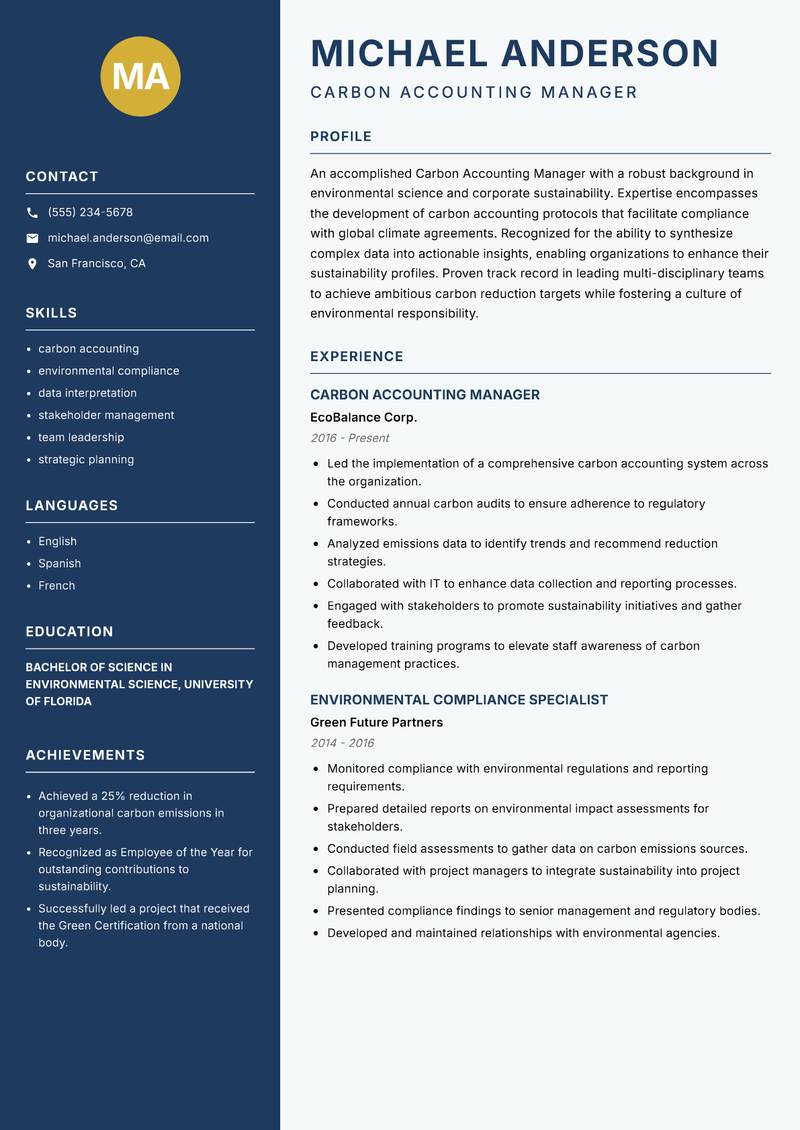 Carbon Accounting Manager Resume Preview Example