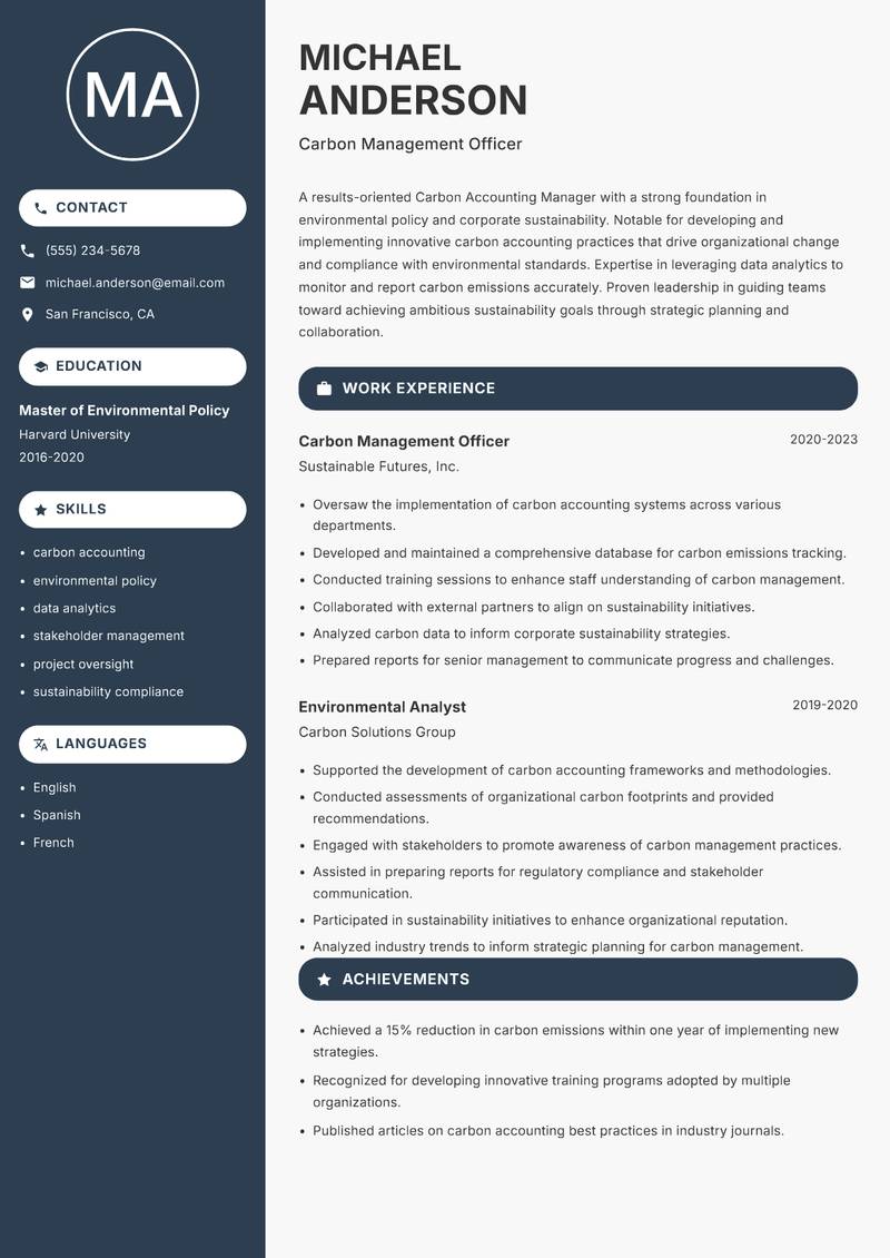 Carbon Accounting Manager Resume Preview Example