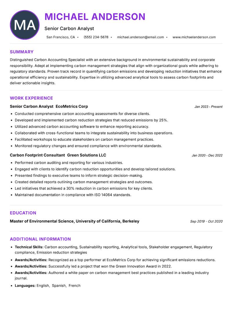 Carbon Accounting Specialist Resume Preview Example