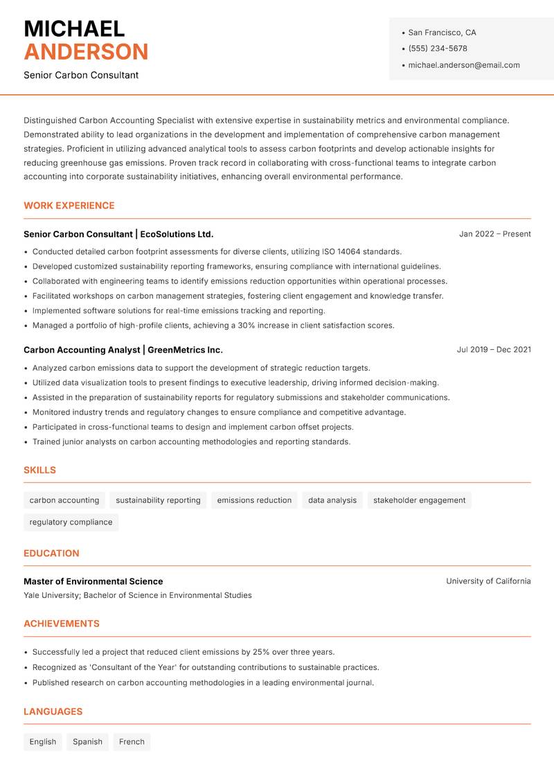 Carbon Accounting Specialist Resume Template