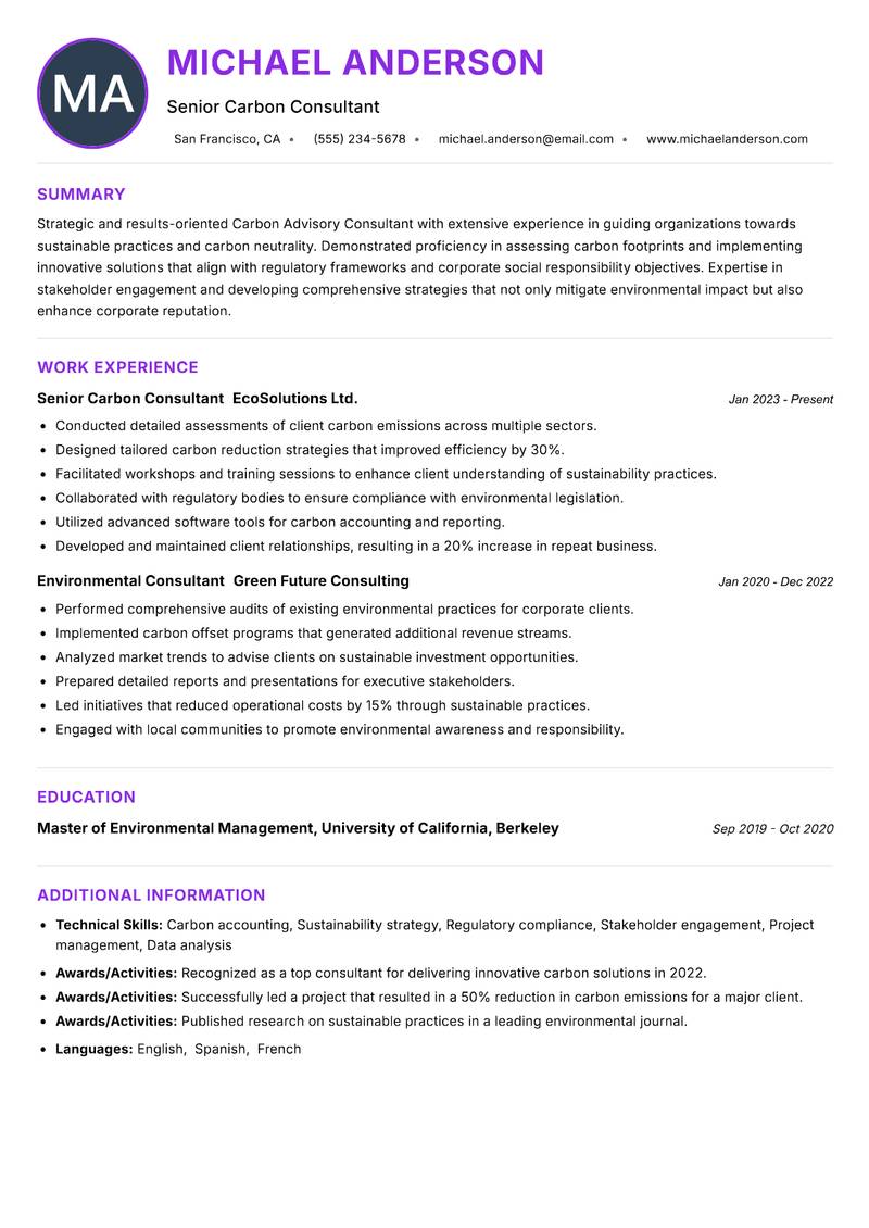 Carbon Advisory Consultant Resume Preview Example