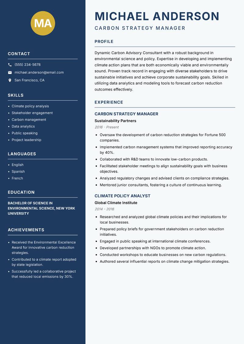 Carbon Advisory Consultant Resume Preview Example