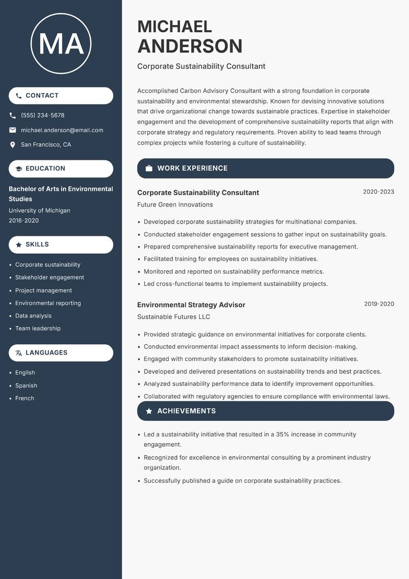 Carbon Advisory Consultant Resume Preview Example