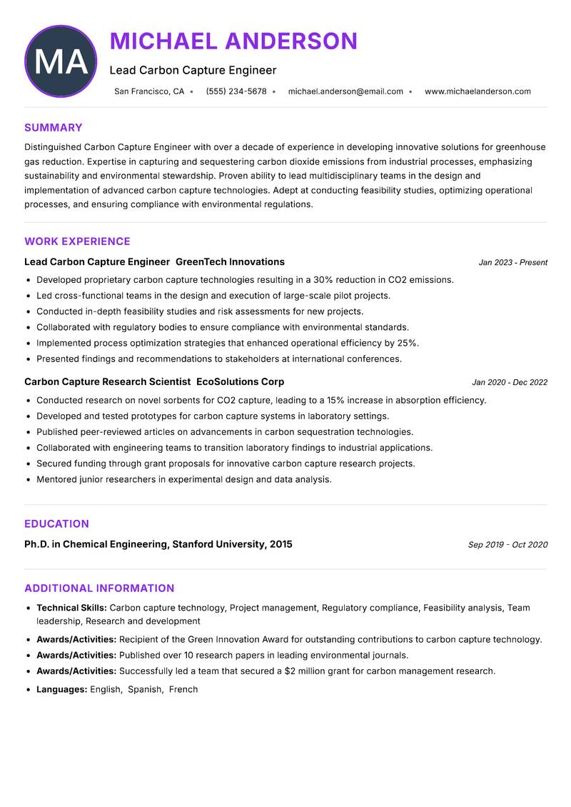 Carbon Capture Engineer Resume Preview Example